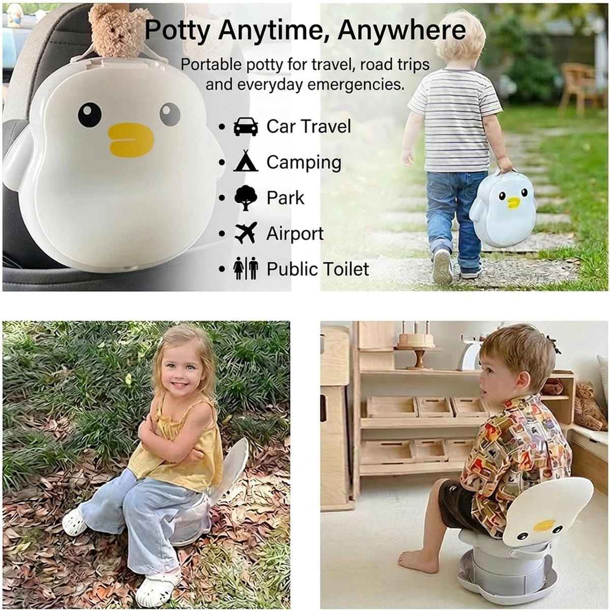 Portable Travel Potty for Toddlers, Foldable Toddler Toilet Seat with Lid, Reusable Potty Training Toilet for Boys & Girls, Compact Emergency Potty for Car, Travel & Outdoor Use, Penguins