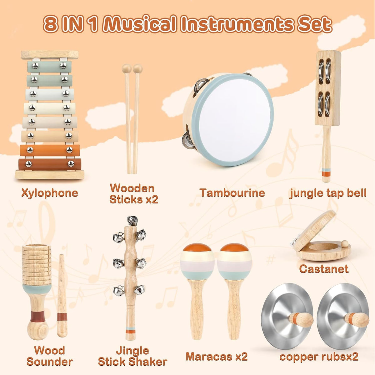 Toddler Musical Instruments, Neutral Colours Montessori Wooden Musical Instruments for Toddlers from 18M-3 Years, Children'S Instruments Toy, Christmas and Birthday Gift for 18M-3-5 Years